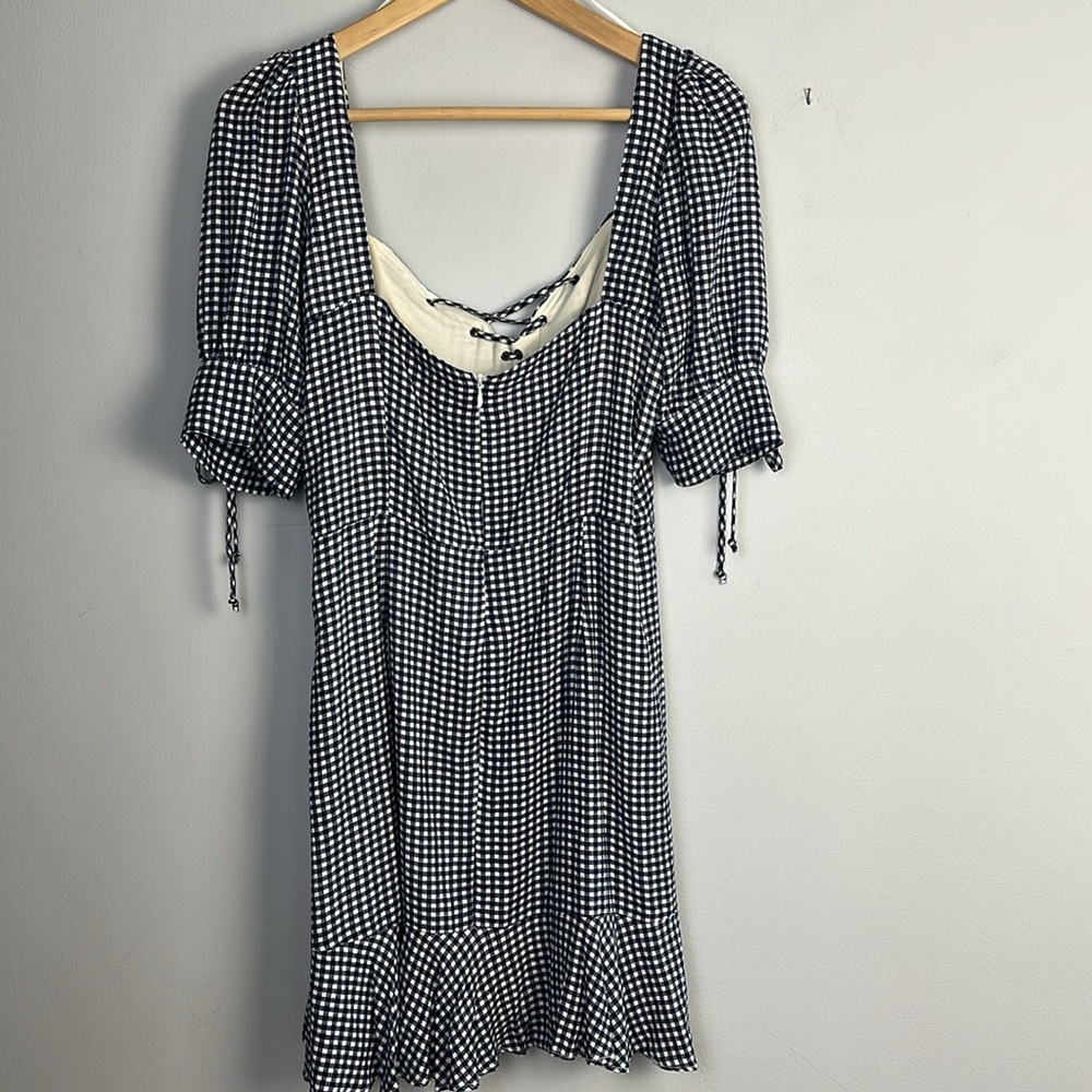 NEW Dress Forum Puff Sleeve Blue Gingham Mini Ruffle Hem Dress Lg Viscose Lined - Picture 12 of 16